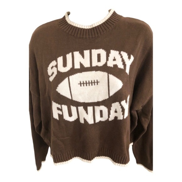 Jessica Simpson brown white trim crewneck Sunday Funday long sleeve sweater szXS - Picture 6 of 12